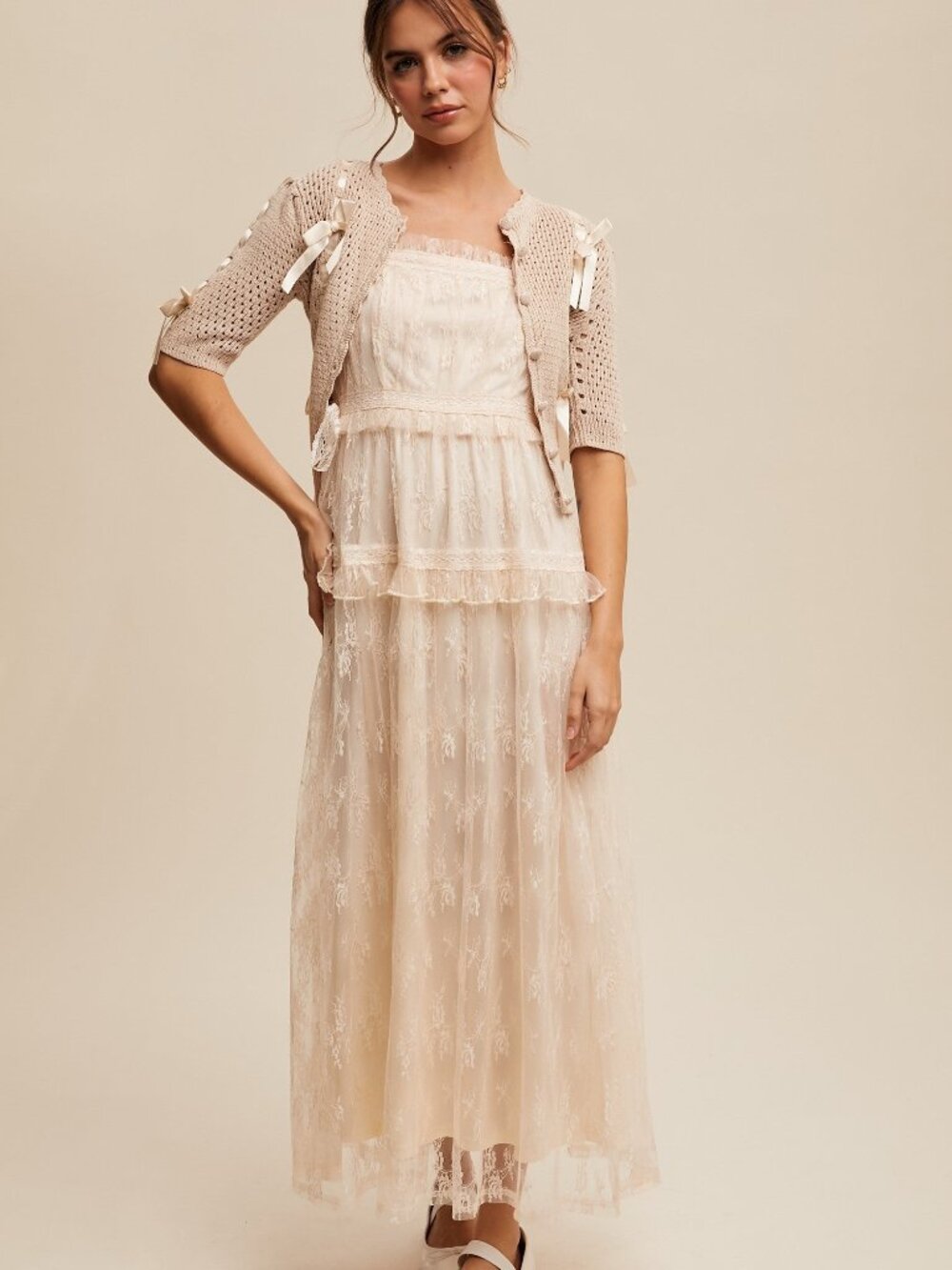 The Thia Romantic Boho Lace Maxi Dress in Coquette Cream Size L - NWT - Picture 3 of 6
